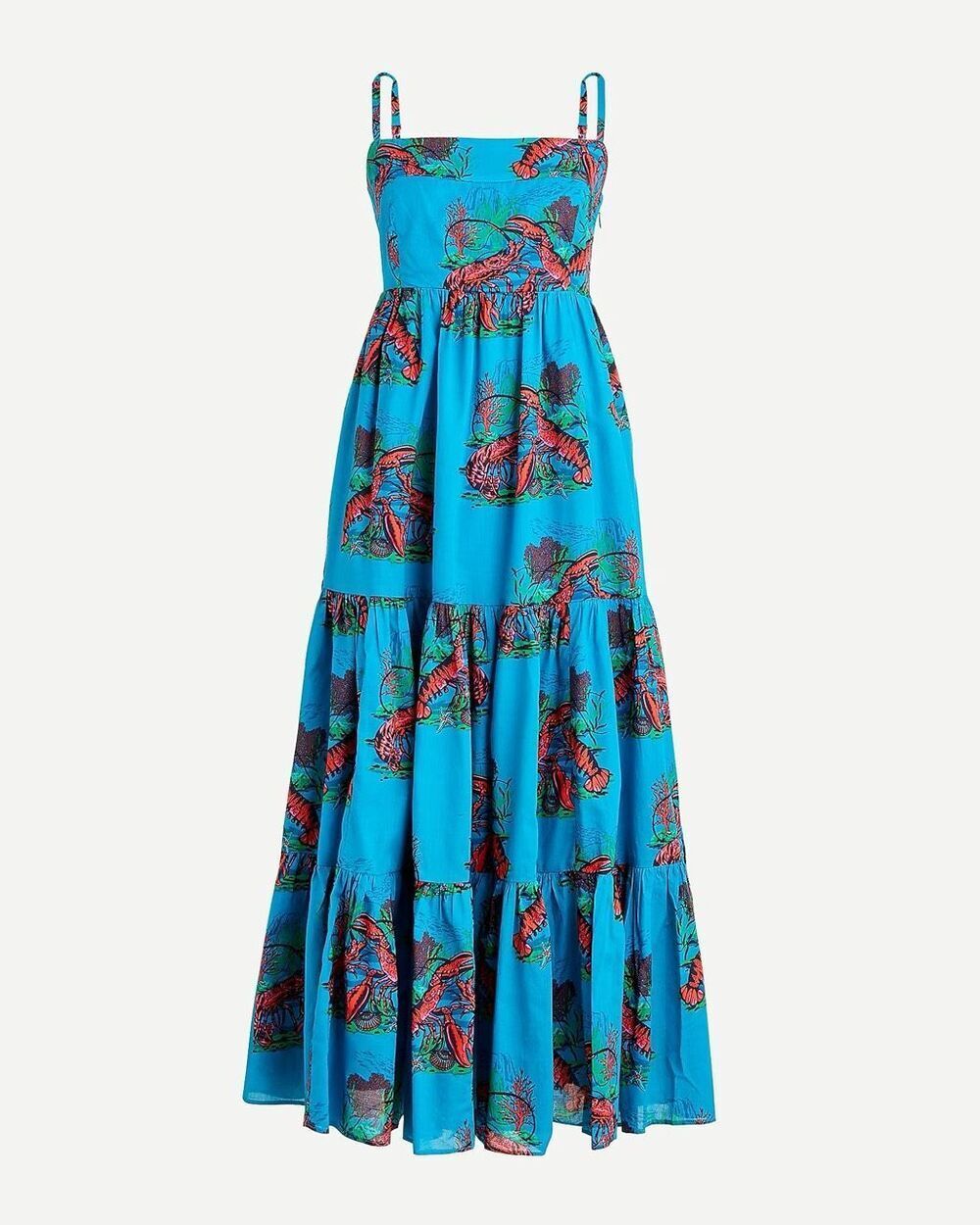 J. Crew Lobster Print Tiered Maxi Dress Sundress Turquoise Blue Size 6